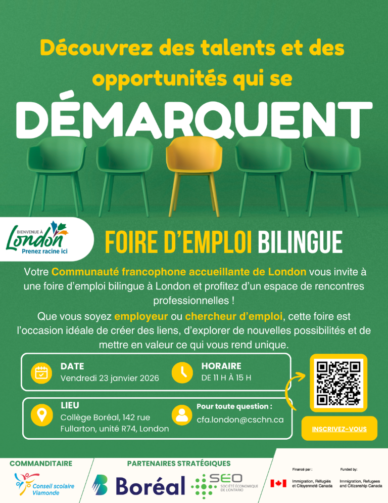 Affiche promotionnelle verte et jaune pour une « Foire d'emploi bilingue » organisée par la Communauté francophone accueillante de London. En haut, le texte « Découvrez des talents et des opportunités qui se démarquent » apparaît au-dessus d’une rangée de chaises vertes avec une chaise jaune au centre. Le titre « Foire d’emploi bilingue » est affiché en blanc et jaune. Le texte décrit l’événement : une foire d’emploi bilingue invitant employeurs et chercheurs d’emploi à London pour rencontrer des professionnels et explorer des opportunités. Les informations suivantes sont présentées dans des encadrés : – Date : Vendredi 23 janvier 2026 – Horaire : De 11 h à 15 h – Lieu : Collège Boréal, 142 rue Fullarton, unité R74, London – Courriel : cfa.london@cschn.ca À droite, un code QR mène au formulaire d’inscription avec un bouton « Inscrivez-vous ». En bas, les logos des partenaires : Conseil scolaire Viamonde (commanditaire), Collège Boréal et Société économique de l’Ontario (partenaires stratégiques), ainsi que les logos d’Immigration, Réfugiés et Citoyenneté Canada.
